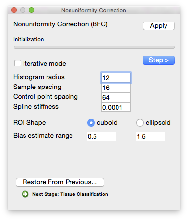 Parameters for bias field correction can be set through the BFC dialog.